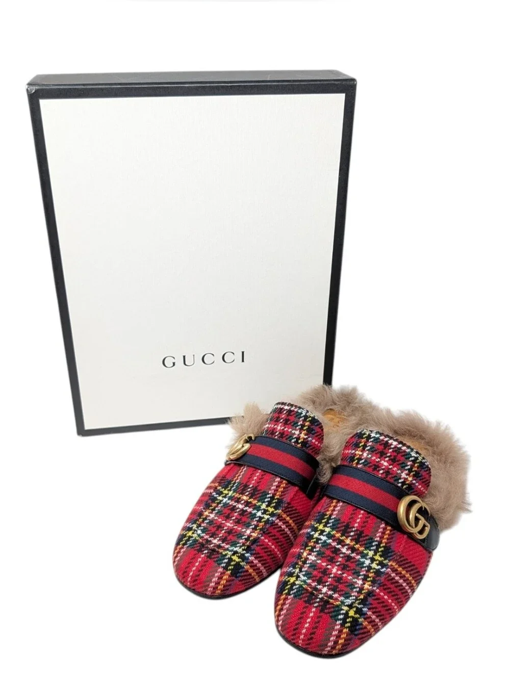 NEW Gucci GG Men's Red Plaid Fur Princetown Loafer Size 9.5